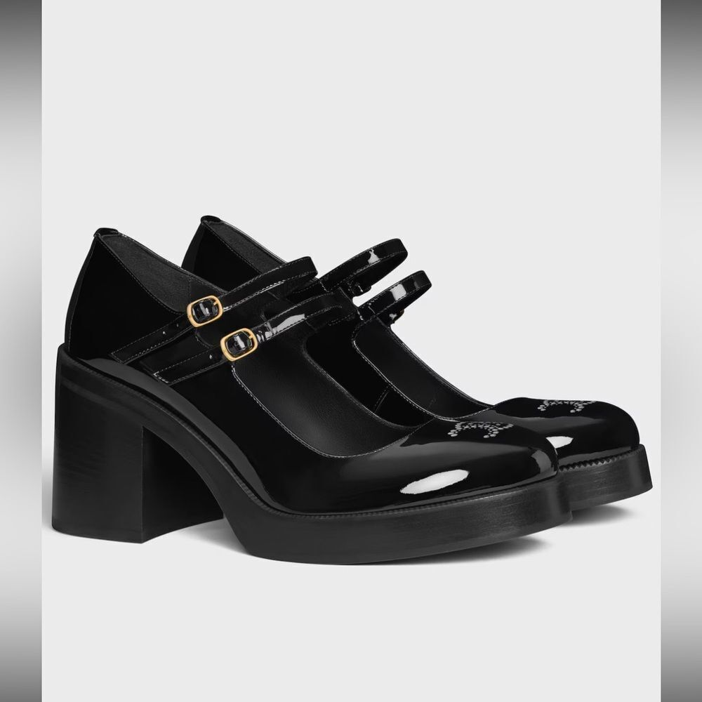 NEW Celine Tess Babies Perforated Triomphe Black Patent Platform Heels Size 7.5